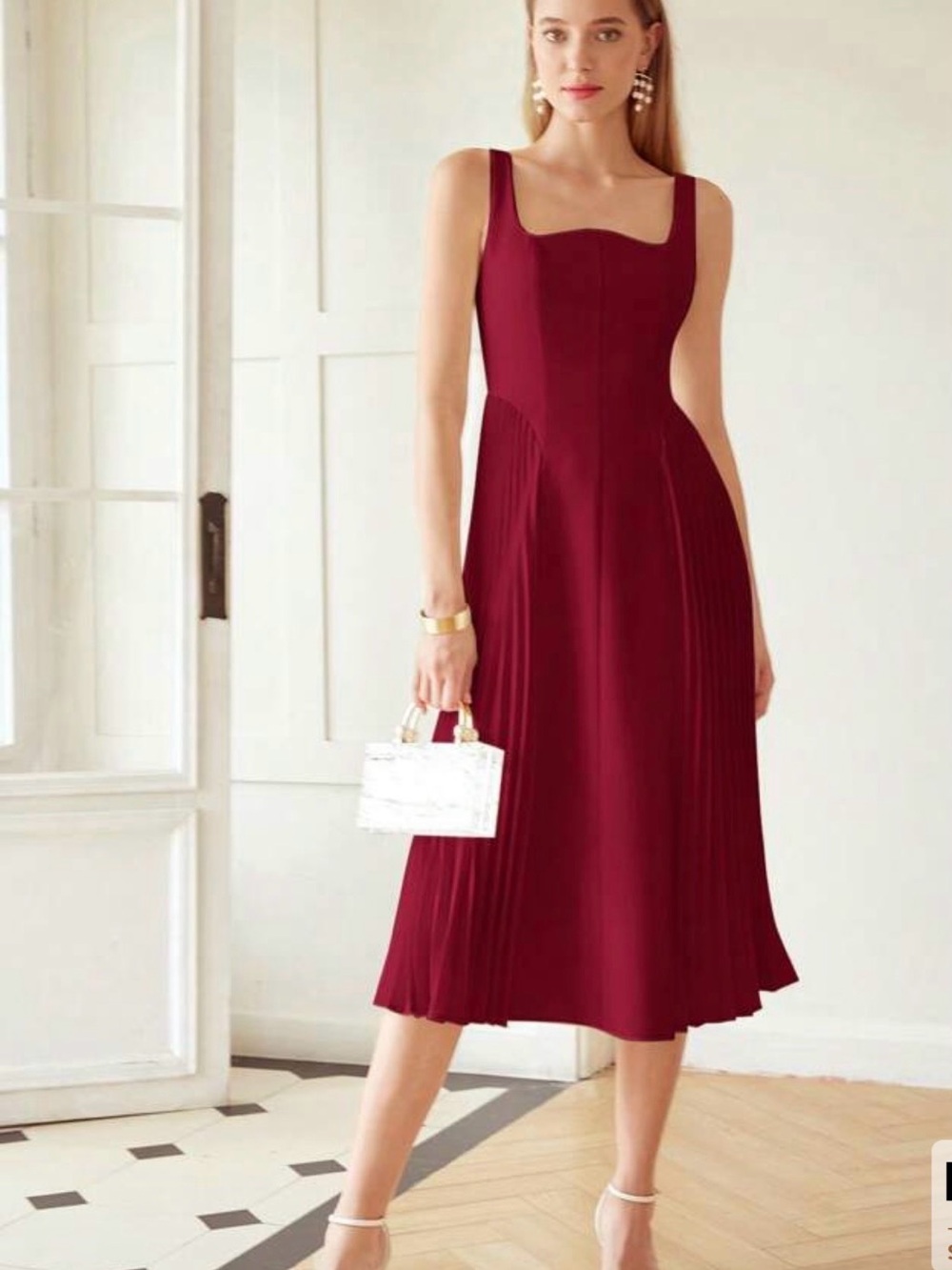 MOTF Burgundy Square-Neck Pleated Midi Dress